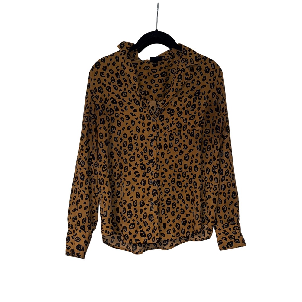 Who What Wear Leopard Print Button Down Shirt Womens Small Tan Black Polyester